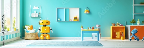 A colorful children's room filled with friendly robot assistants playing and encouraging creativity in a bright, inviting environment. Generative AI