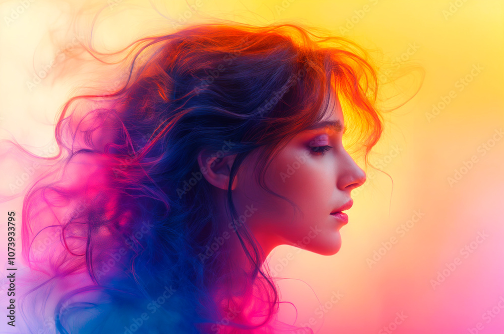 Profile of a person with vibrant, surreal colors and swirling smoke effects, symbolizing transformation.. Profile of a person with vibrant, surreal colors and swirling smoke effects, symbolizing transformation..