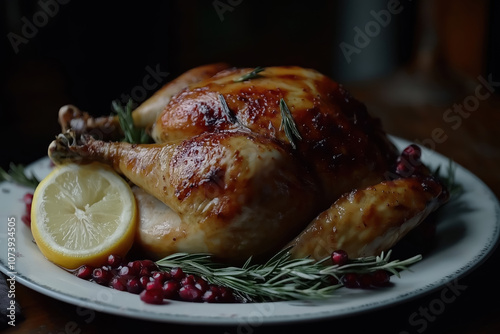 golden brown roast turkey beautifully garnished with herbs, lemons, and pomegranates, presented on a classic white plate for thanksgiving photo