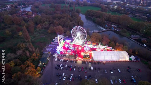 aerial viewof Winter Funfair in Caversham, Reading, Berkshire riverside, evening