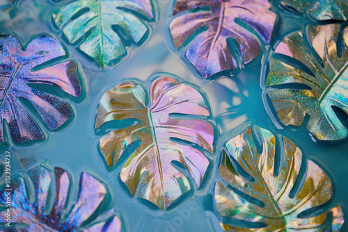 holographic monstera leaves shimmering in tranquil water, a top view capturing the vibrant iridescence and natural elegance