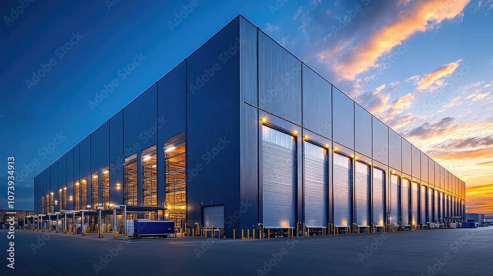 Modern Industrial Warehouse Exterior at Sunset with Dramatic Sky and Illuminated Loading Bays Modern Industrial Warehouse Exterior at Sunset with Dramatic Sky and Illuminated Loading Bays