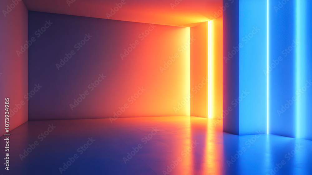 A modern art space with vibrant blue and orange neon lights illuminating the walls, creating a unique atmosphere for creativity and expression A modern art space with vibrant blue and orange neon lights illuminating the walls, creating a unique atmosphere for creativity and expression
