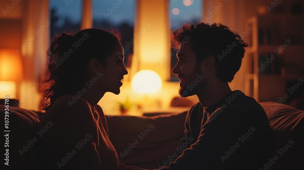 Romantic silhouette of a couple enjoying an intimate moment together at night Romantic silhouette of a couple enjoying an intimate moment together at night