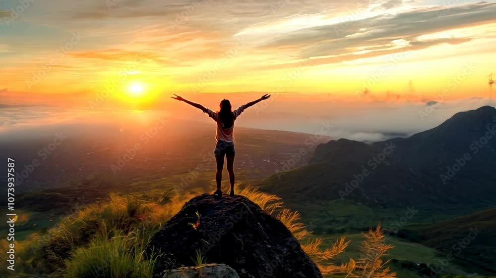 Successful woman joy when reaches to her objective. Woman jump on top of the mountain with arms open to a welcoming new day with sunrise, Generative AI Video