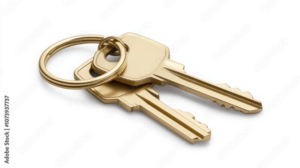 Pair of keys with a house-shaped keyring in gold, isolated on a white background Pair of keys with a house-shaped keyring in gold, isolated on a white background