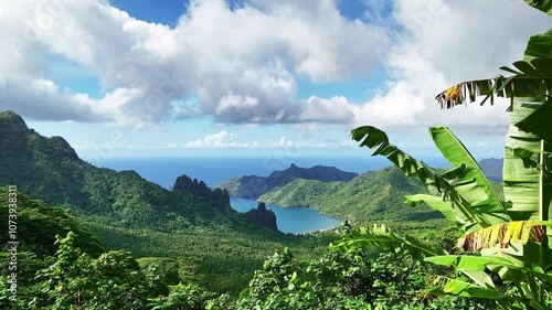 Drone Marquesas Islands. Aerial view Nuku Hiva island in French Polynesia. Green jungle mountain forest of the largest island in Marquesas.  Exotic vacation tourism destination.