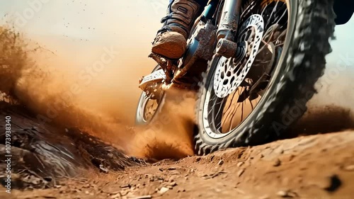 This is a dynamic close-up shot of a dirt bike tire spinning rapidly, kicking up dust and debris. Video