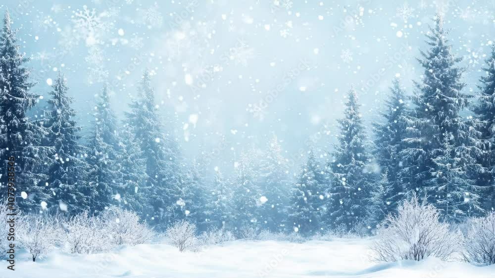Winter landscape background. Snowing forest with fir trees on a snowy day. Video Winter landscape background. Snowing forest with fir trees on a snowy day. Video