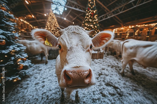 White cow portrait posing in christmas decorated barn