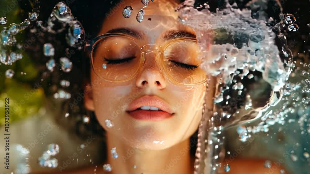 Young woman in sunglasses with eyes closed and falling water on face. Generative AI Video Young woman in sunglasses with eyes closed and falling water on face. Generative AI Video