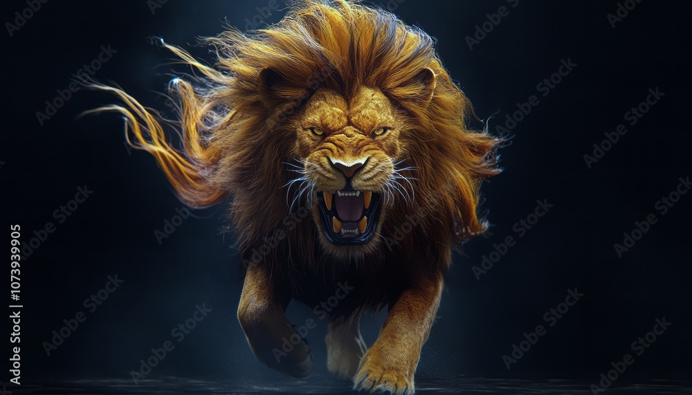 A fierce lion charges forward with a majestic mane in a dark, moody environment A fierce lion charges forward with a majestic mane in a dark, moody environment