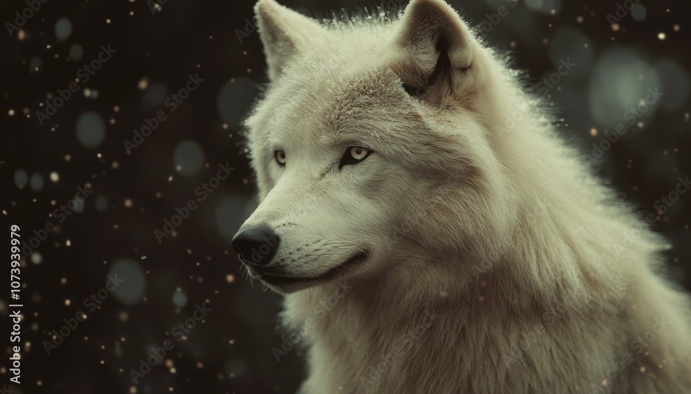 Obraz premium A majestic white wolf gazes gracefully amidst falling snowflakes in the forest