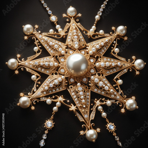 Snowflake, star in the form of a luxurious openwork jewelry made of gold, decorated with precious stones, diamonds and pearls. On a black background. photo