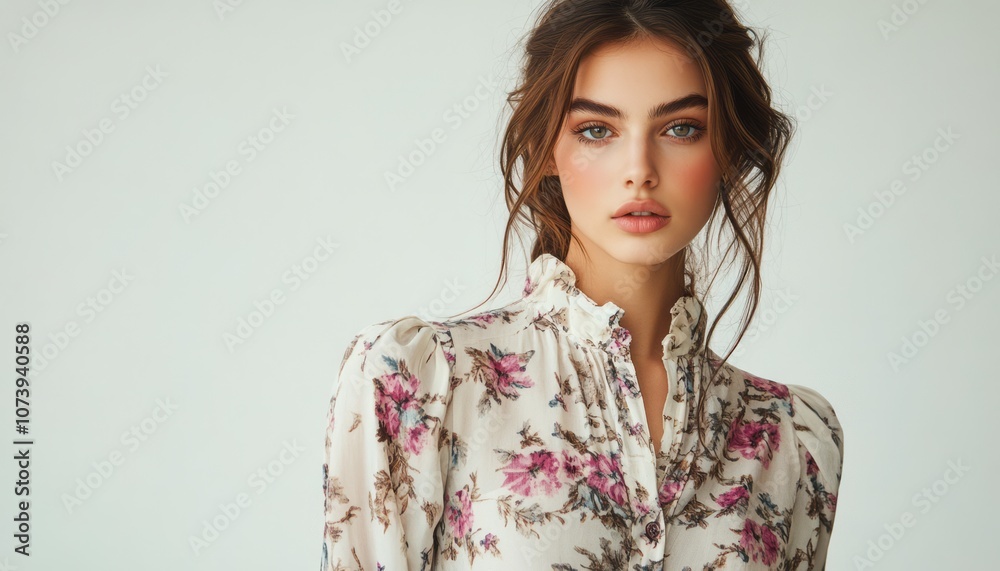 Young woman models floral blouse in bright, softly lit studio environment Young woman models floral blouse in bright, softly lit studio environment