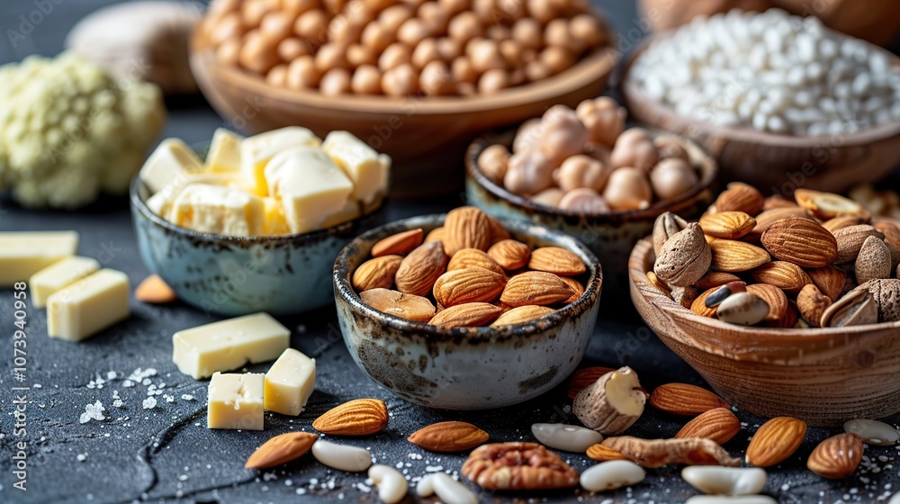 A close-up shot of a variety of healthy nuts and grains in bowls on a dark surface. A close-up shot of a variety of healthy nuts and grains in bowls on a dark surface.
