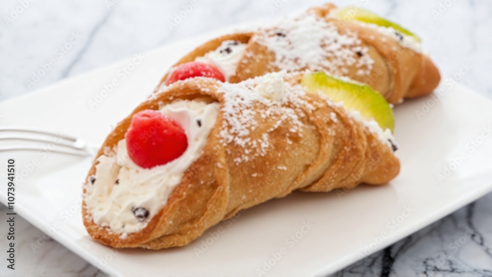 Traditional Italian cannoli with ricotta filling and candied fruit Traditional Italian cannoli with ricotta filling and candied fruit