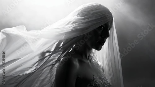 The captures a veiled bride in a monochrome palette, symbolizing the purity, mystery, and timeless essence of a wedding day Video