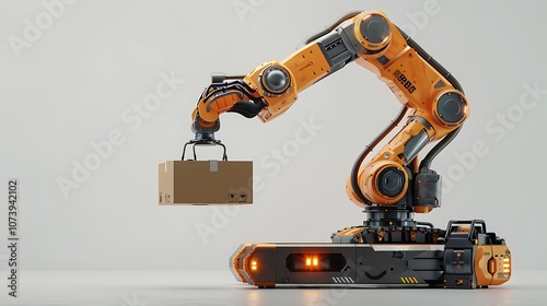 A futuristic transportation robot with a hydraulic arm carefully lifting carton boxes, showcasing a specialized packing setup with a modern mechanical arm, isolated on white.