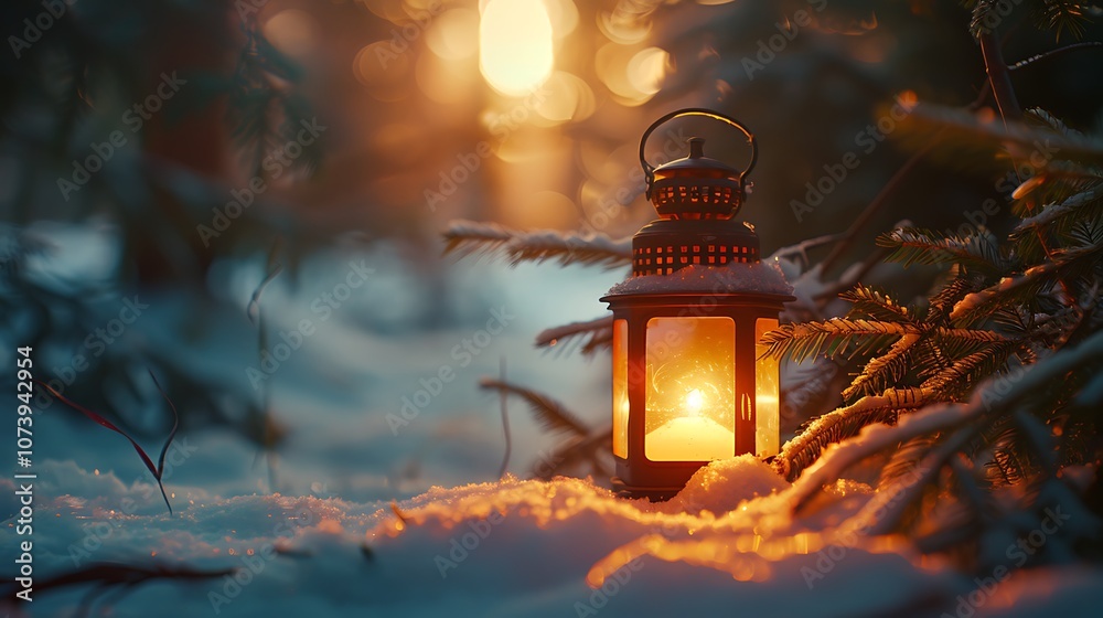 A glowing Christmas lantern resting on snowy ground, surrounded by evergreen fir branches, with the soft light creating a warm contrast against the cold winter evening. A glowing Christmas lantern resting on snowy ground, surrounded by evergreen fir branches, with the soft light creating a warm contrast against the cold winter evening.