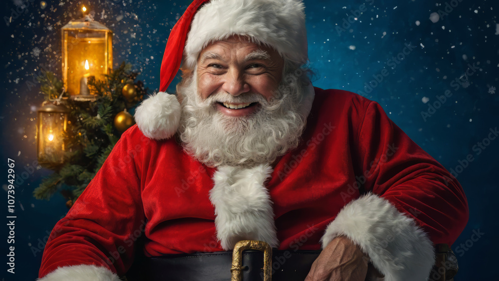 Smiling Santa Claus Portrait in Red Suit with Blue Background and Yellow Accents Smiling Santa Claus Portrait in Red Suit with Blue Background and Yellow Accents