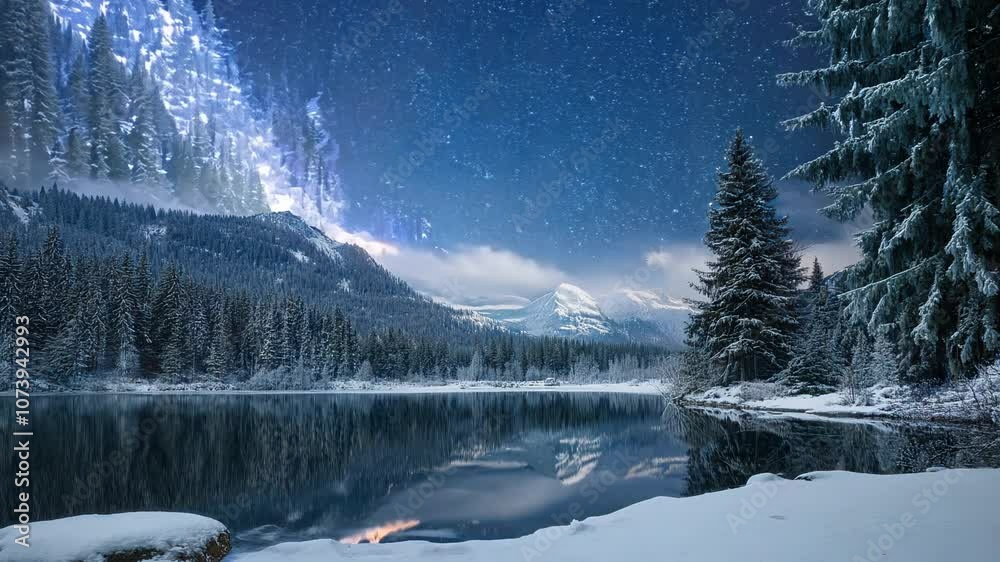 Dark winter night snow covered landscape, northern lights in the sky reflecting on the lake Video