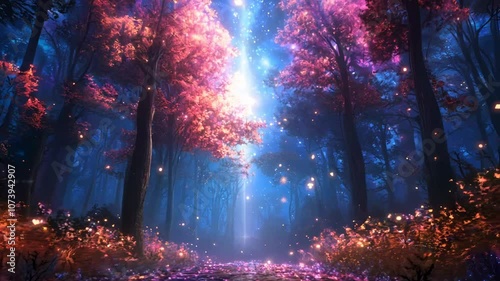 Wallpaper Mural enchanted autumn forest at night towering trees with vibrant fall foliage illuminated by soft moonlight mystical atmosphere with hints of mist and twinkling starlight Video Torontodigital.ca