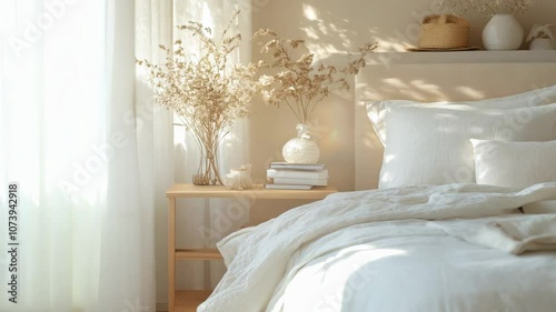 Modern house interior details. Simple cozy beige bedroom interior with bed headboard, linen bedding, bedside table and natural decorations, closeup Video