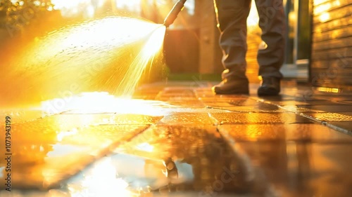 Person Cleaning Patio With Pressure Washer in a Landscaped Garden on a Sunny Afternoon Video