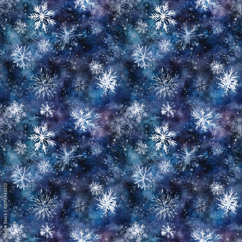 Fototapeta premium Watercolor seamless pattern with white snowflakes on the blue background. New Year and Christmas holidays. Wrapping paper, Packaging pattern