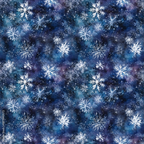 Watercolor seamless pattern with white snowflakes on the blue background. New Year and Christmas holidays. Wrapping paper, Packaging pattern