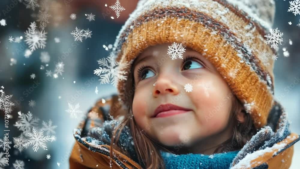 Cute child with happy face wearing a warm hat and warm jacket surrounded with snowflakes. Winter holidays concept. Video Cute child with happy face wearing a warm hat and warm jacket surrounded with snowflakes. Winter holidays concept. Video