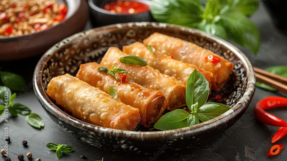 Close-up of crispy fried spring rolls in a bowl with fresh herbs and chili peppers. Close-up of crispy fried spring rolls in a bowl with fresh herbs and chili peppers.