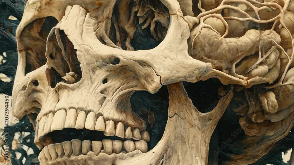 An intricate anatomical highlights the layered complexity of the human skeletal system, focusing on bone architecture and joint interrelations. Video An intricate anatomical highlights the layered complexity of the human skeletal system, focusing on bone architecture and joint interrelations. Video