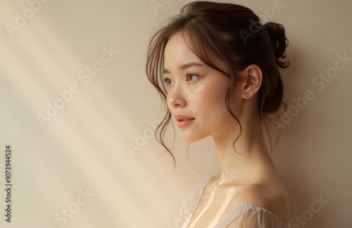 Portrait of a young woman with oriental eyes, with long hair gathered at the back of her head, against a brown wall photo