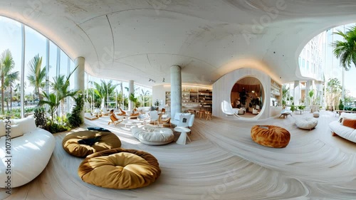 An immersive 360-degree equirectangular projection spherical panorama of a collaborative co-living space, with shared amenities, community-focused design, and Video