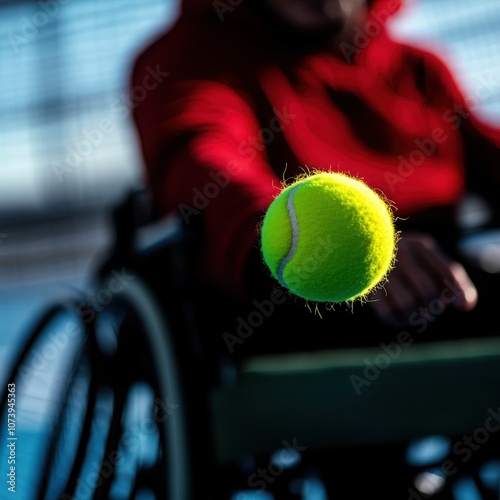 Wheelchair tennis player prepares to serve ball.