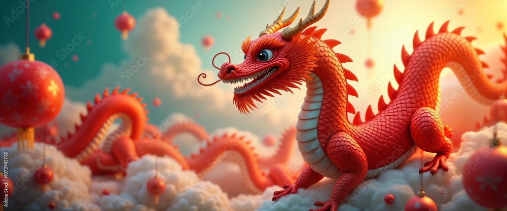 Red Chinese dragon sits on clouds. Dragon is a symbol of luck and fortune in Asian culture. It is a popular design element for Chinese New Year celebrations. Red Chinese dragon sits on clouds. Dragon is a symbol of luck and fortune in Asian culture. It is a popular design element for Chinese New Year celebrations.
