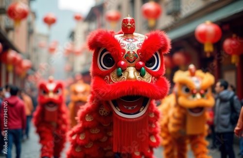 Lion dance performance during Chinese New Year celebration. Red lion costume with traditional ornaments and decorations. People in crowd watch the show. This dance is a traditional art form in China.