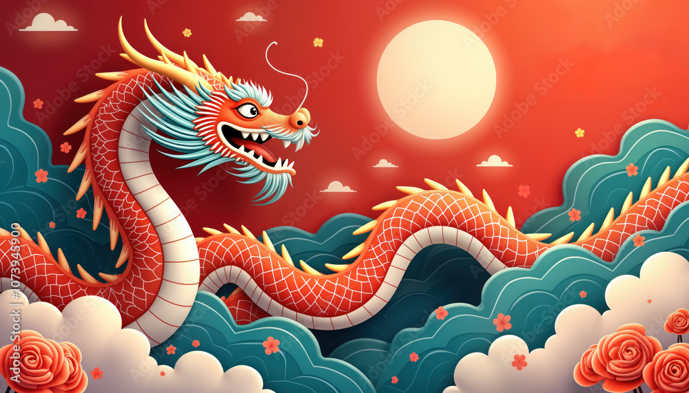 Chinese dragon soars above clouds, moon shines in red sky. Festive illustration for Chinese New Year, lunar calendar, dragon year. Use for greetings, posters, decoration. Asian culture symbol, Chinese dragon soars above clouds, moon shines in red sky. Festive illustration for Chinese New Year, lunar calendar, dragon year. Use for greetings, posters, decoration. Asian culture symbol,