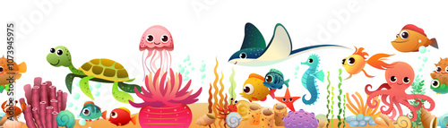 underwater world of animals, fish and plants. Tropical species. Picture horizontally seamless. Object isolated on white background. Cartoon fun style Illustration vector