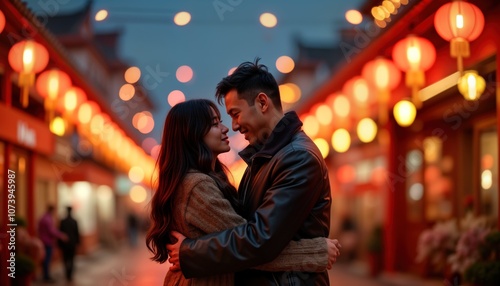 Couple embrace in front of red lanterns. Asian man, woman hug each other in street, enjoy romantic moment. Street decorated with festive lights, celebrate Chinese New Year, Lunar festival.