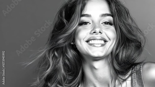 Playful smiling beautiful young woman in denim overalls unbuttoning one strap with a flirty smile sketch engraving generative ai raster . Scratch board imitation. Black and white . Video