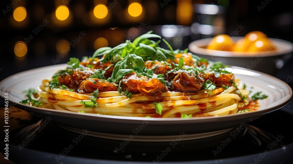 A plate of spaghetti with a tomato-based sauce and fresh basil. A plate of spaghetti with a tomato-based sauce and fresh basil.