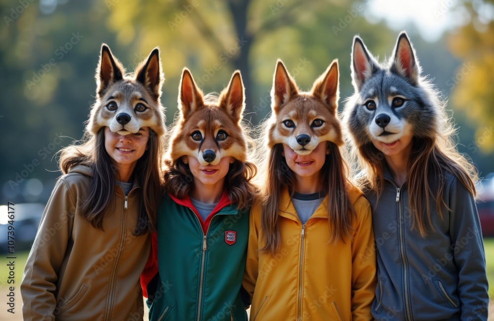 Four teenagers wear animal masks, posing together in a park. They are dressed in casual jackets. This photo is perfect for illustrating youth subculture, playful spirit, and animal costumes. Four teenagers wear animal masks, posing together in a park. They are dressed in casual jackets. This photo is perfect for illustrating youth subculture, playful spirit, and animal costumes.