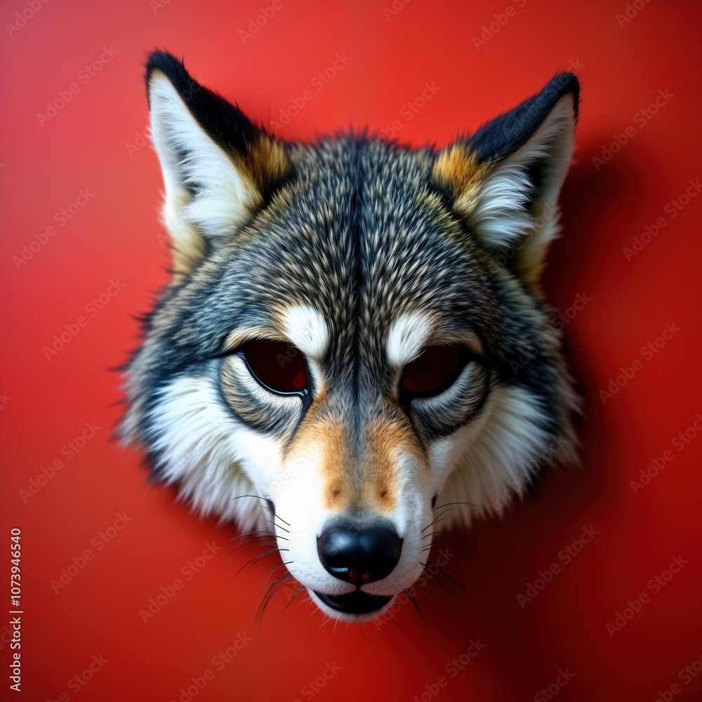 Naklejka premium Wolf head mask on red background. Furry wolf costume accessory for roleplaying or cosplay. Animal mask for theatre performance. Creative design for fun events, art, fashion and lifestyle.