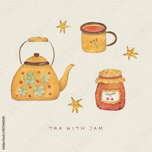 Watercolor illustration with teapot, cup of tea and jam. Cozy summer hand drawn illustration of country breakfast.