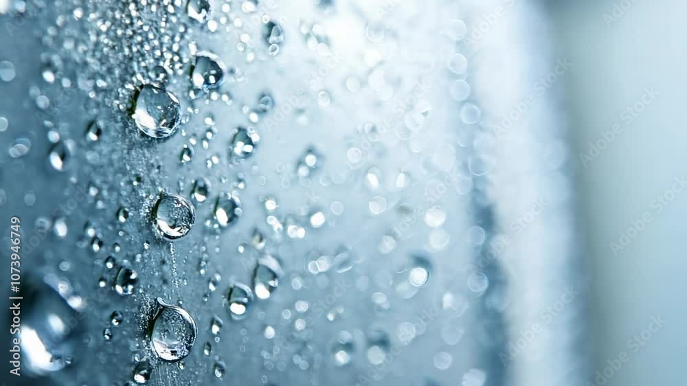 Condensation beads on a moist surface, showcasing a lifelike depiction of serum droplets on transparent liquid for skin care, enhancing the aesthetic of a shower or bath wall. Video