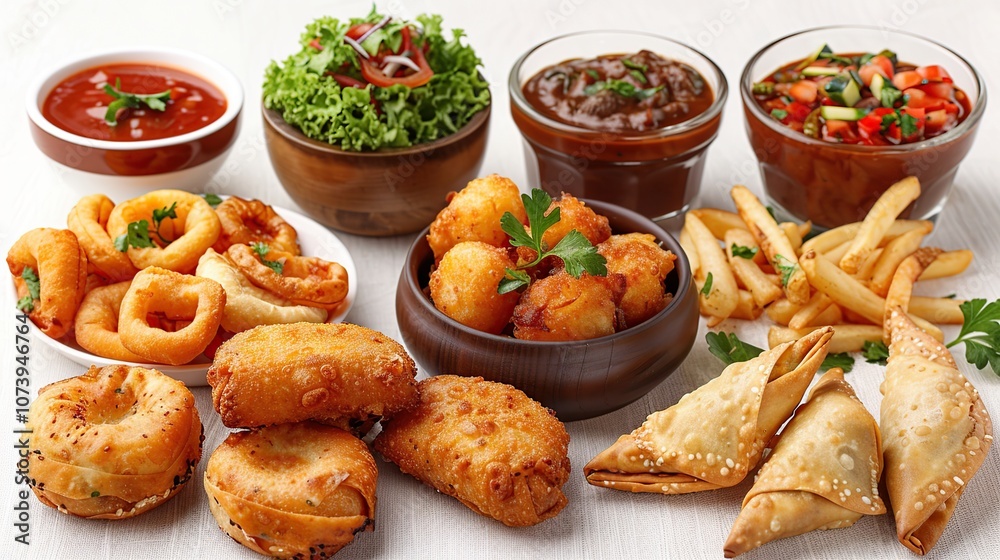 A variety of appetizers, including onion rings, fried cheese balls, spring rolls, samosas, and french fries, are arranged on a white table with various dipping sauces. A variety of appetizers, including onion rings, fried cheese balls, spring rolls, samosas, and french fries, are arranged on a white table with various dipping sauces.