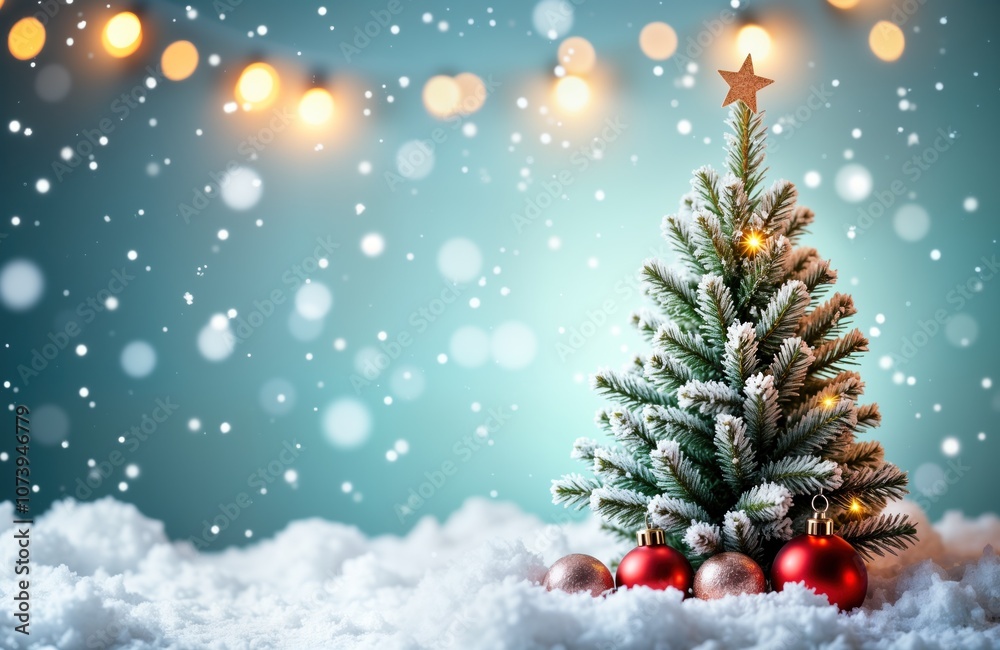 Christmas tree with red ornaments and lights. Snow falls on the branches, while the tree stands in the snow. Festive decor perfect for cards, banners, and winter holiday backgrounds. Christmas tree with red ornaments and lights. Snow falls on the branches, while the tree stands in the snow. Festive decor perfect for cards, banners, and winter holiday backgrounds.